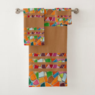 Dark Gold Orange Mosaic Pattern Bath Towel Set