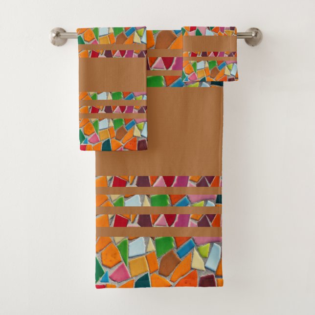 Dark Gold Orange Mosaic Pattern Bath Towel Set (Insitu)