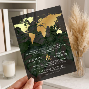 Dark Gold Tropical Destination World Map Wedding Acrylic Invitations