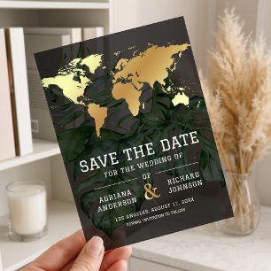 Dark Gold Tropical World Map Wedding Save the Date Acrylic Invitations