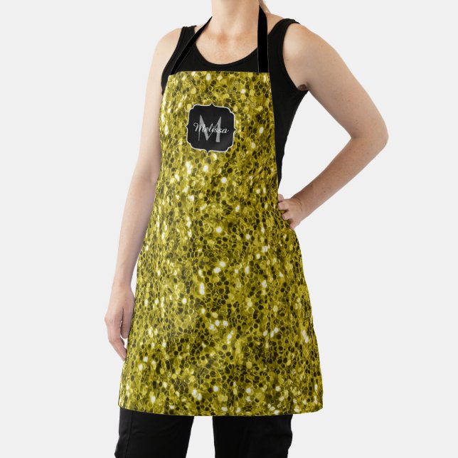  Dark gold yellow faux glitter sparkles Monogram Apron (Insitu)