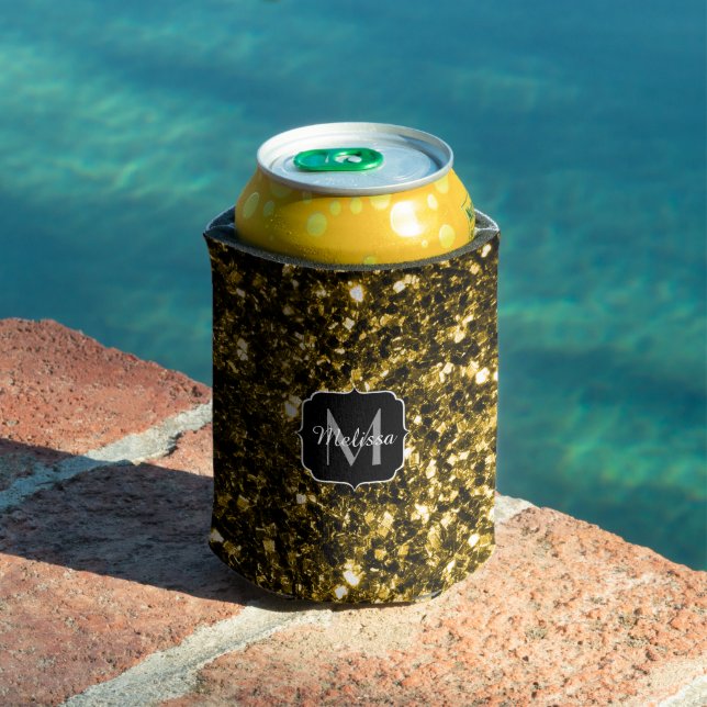 Dark gold yellow faux glitter sparkles Monogram Can Cooler (In Situ Pool)