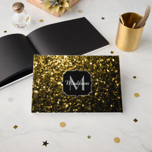 Dark gold yellow faux glitter sparkles Monogram Guest Book