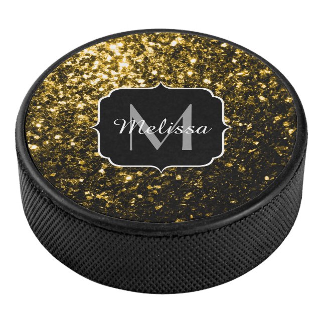 Dark gold yellow faux glitter sparkles Monogram Hockey Puck (3/4)