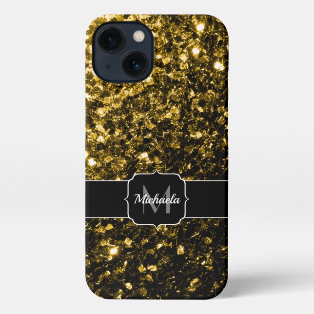 Dark gold yellow faux glitter sparkles Monogram iPhone Case (Back)