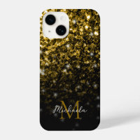 Dark gold yellow faux glitter sparkles Monogram