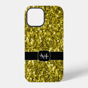 Dark gold yellow faux glitter sparkles Monogram iPhone 12 Case