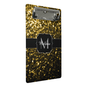 Dark gold yellow faux glitter sparkles Monogram Mini Clipboard