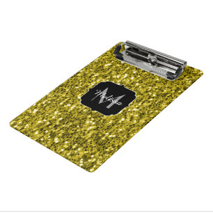 Dark gold yellow faux glitter sparkles Monogram Mini Clipboard