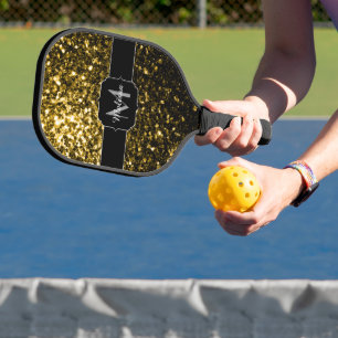 Dark gold yellow faux glitter sparkles Monogram Pickleball Paddle