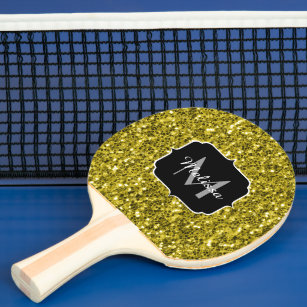  Dark gold yellow faux glitter sparkles Monogram Ping Pong Paddle