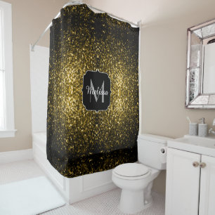 Dark gold yellow faux glitter sparkles Monogram Shower Curtain