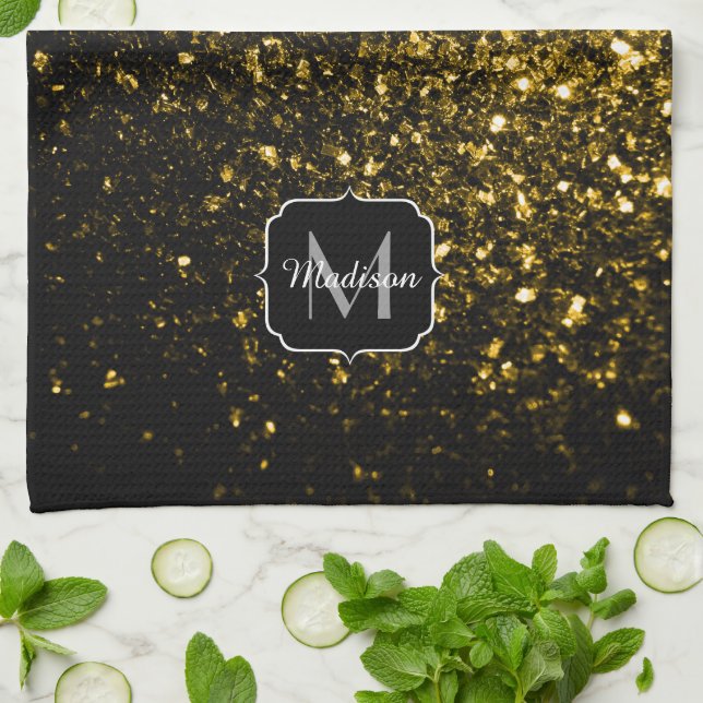 Dark gold yellow faux glitter sparkles Monogram Tea Towel (Folded)