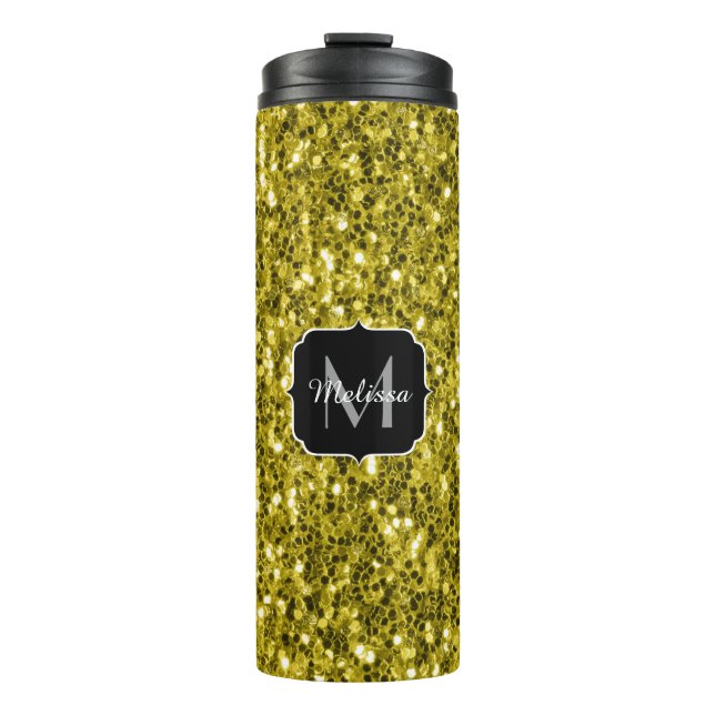  Dark gold yellow faux glitter sparkles Monogram Thermal Tumbler (Front)