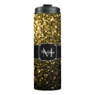 Dark gold yellow faux glitter sparkles Monogram Thermal Tumbler