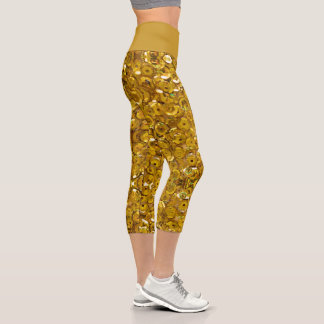 Dark gold yellow faux glitter sparkles Romantic   Capri Leggings