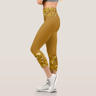 Dark gold yellow faux glitter sparkles Romantic   Capri Leggings