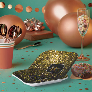 Dark gold yellow faux glitter sparkles Sweet 16 Paper Plate