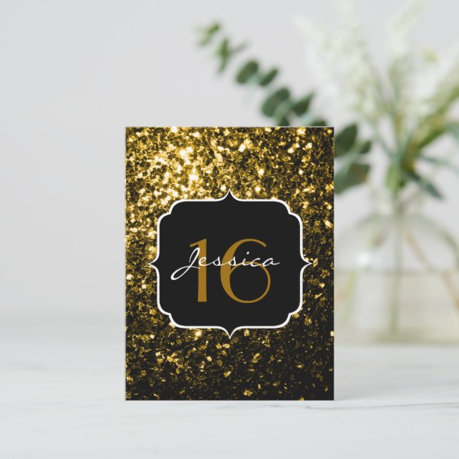 Dark gold yellow faux glitter sparkles Sweet 16 Postcard (Standing Front)