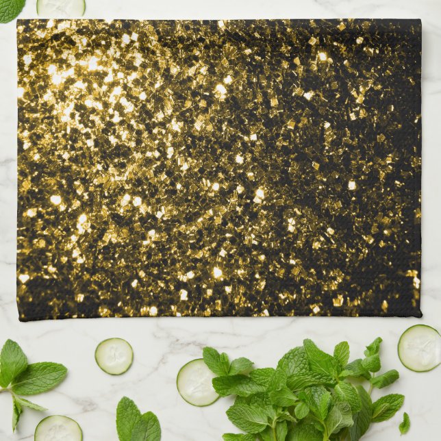 Dark gold yellow faux glitter sparkles tea towel (Folded)