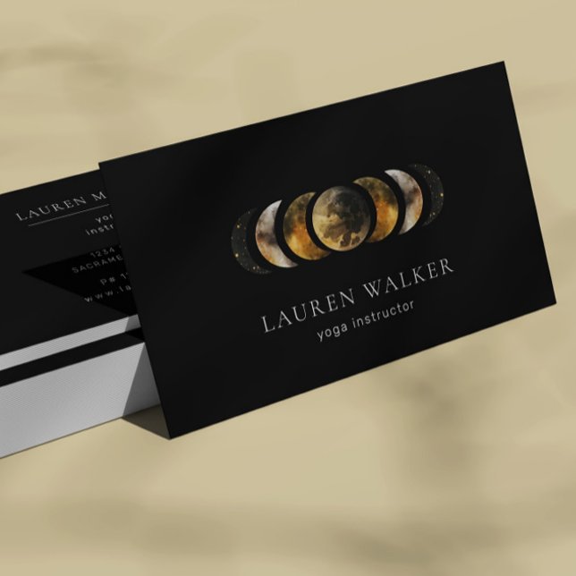 Dark Golden Moon Phases Yoga Studio Business Card (Creator Uploaded)