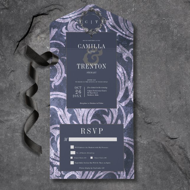 Dark Gothic Antique Purple Damask Dinner All In One Invitation (Also available with a QR code or without dinner selection options.)