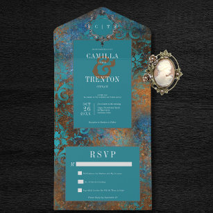 Dark Gothic Antique Teal & Gold Damask No Dinner All In One Invitation