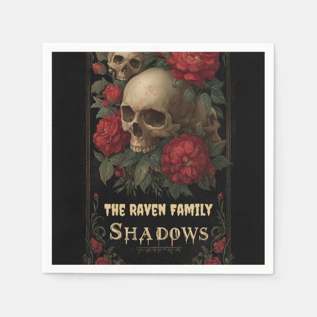 Dark Gothic Art with Skull, Roses, and Custom Text Napkin (Front)