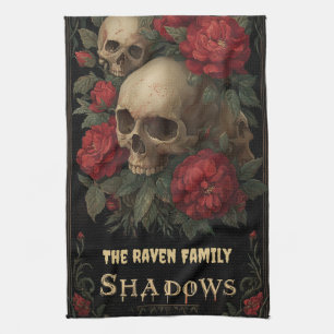 Dark Gothic Art with Skull, Roses, and Custom Text Tea Towel