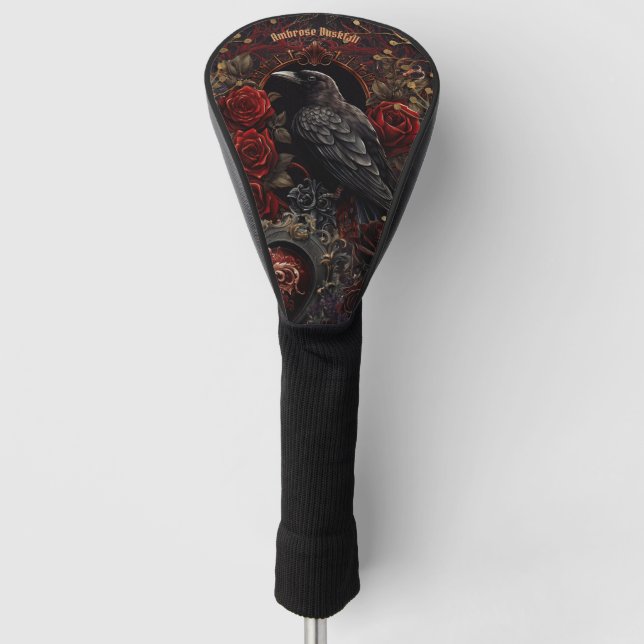 Dark Gothic Beauty Red Roses Black Crow Raven Bird Golf Head Cover (Front)