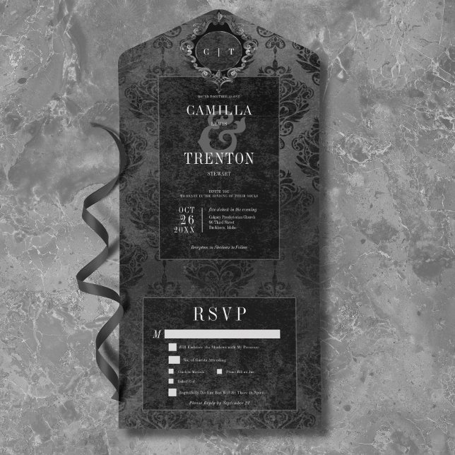 Dark Gothic Black & Black Damask Dinner All In One Invitation (Dark Gothic Black & Black Damask Dinner All In One Invitation)