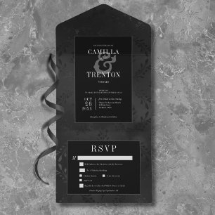 Dark Gothic Black & Black Floral Satin Dinner All In One Invitation