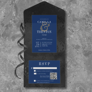 Dark Gothic Black & Blue Floral Satin QR Code All In One Invitation
