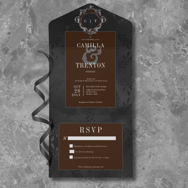 Dark Gothic Black & Brown Floral Satin No Dinner All In One Invitation (Dark Gothic Black & Brown Floral Satin No Dinner All In One Invitation)