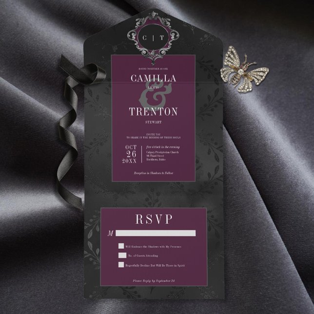 Dark Gothic Black Burgundy Floral Satin No Dinner All In One Invitation (Also available with a QR code or with dinner selection options.)