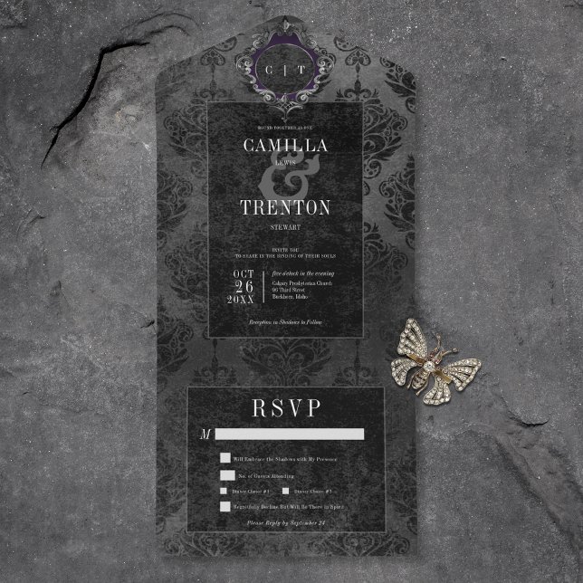 Dark Gothic Black Damask Dinner All In One Invitation (Also available with a QR code or without dinner selection options.)