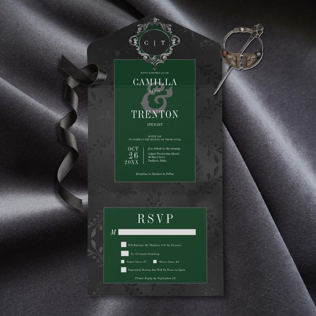 Dark Gothic Black & Emerald Floral Satin Dinner All In One Invitation (Also available with a QR code or without dinner selection options.)
