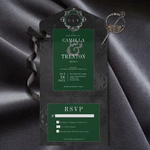 Dark Gothic Black & Emerald Floral Satin No Dinner All In One Invitation