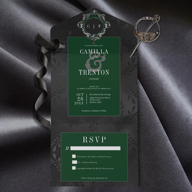 Dark Gothic Black & Emerald Floral Satin No Dinner All In One Invitation (Also available with a QR code or with dinner selection options.)