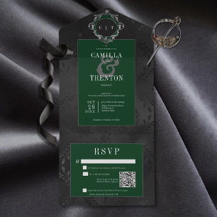 Dark Gothic Black & Emerald Floral Satin QR Code All In One Invitation