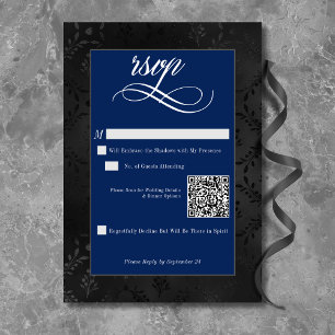 Dark Gothic Black Floral Satin Damask Blue Wedding RSVP Card