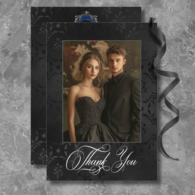 Dark Gothic Black Floral Satin Damask Blue Wedding Thank You Card (Creator Uploaded)
