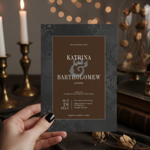 Dark Gothic Black Floral Satin Damask Brown Invitation