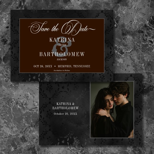 Dark Gothic Black Floral Satin Damask Brown Photo Save The Date (Dark Gothic Black Floral Satin Damask Brown Photo Save The Date)
