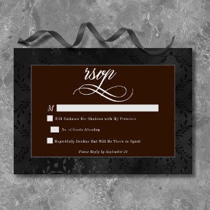 Dark Gothic Black Floral Satin Damask Brown RSVP Card