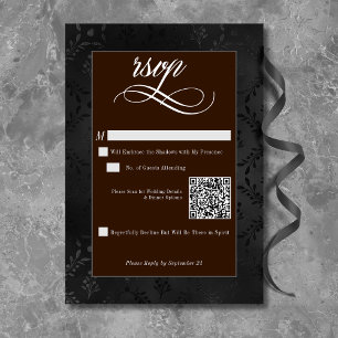 Dark Gothic Black Floral Satin Damask Brown RSVP Card