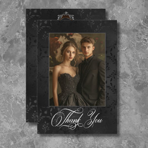 Dark Gothic Black Floral Satin Damask Brown Thank You Card
