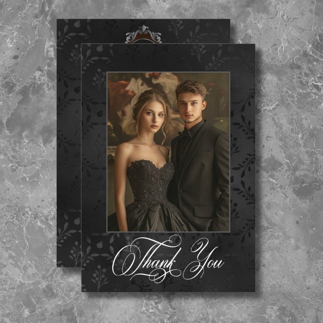 Dark Gothic Black Floral Satin Damask Brown Thank You Card (Creator Uploaded)