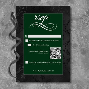 Dark Gothic Black Floral Satin Damask Green RSVP Card
