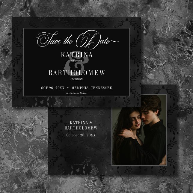 Dark Gothic Black Floral Satin Damask Photo Save The Date (Dark Gothic Black Floral Satin Damask Photo Save The Date)